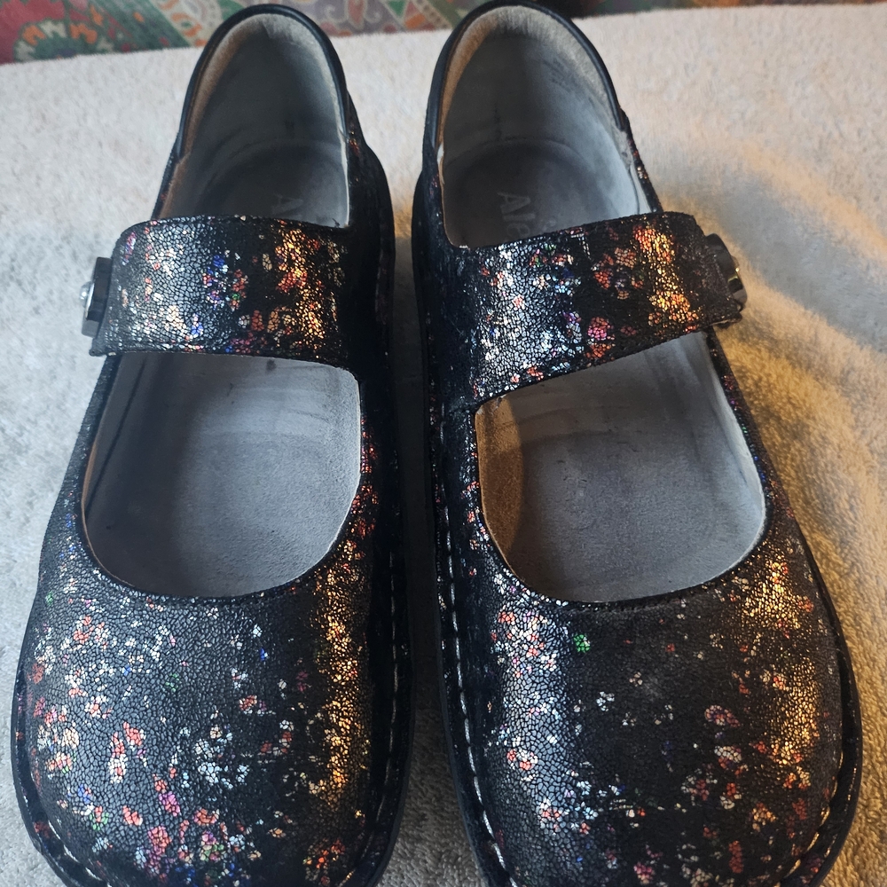 Alegria, black metallic floral MaryJane women's shoes